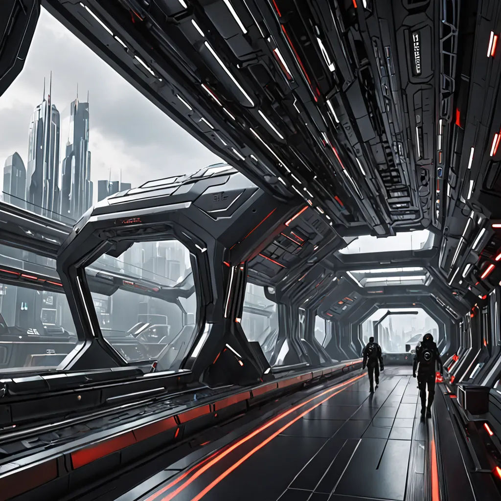 a futuristic city with a futuristic looking walkway and a couple of people walking down it with a city in the background, futurism, a detailed matte painting, Filip Hodas, star citizen halo