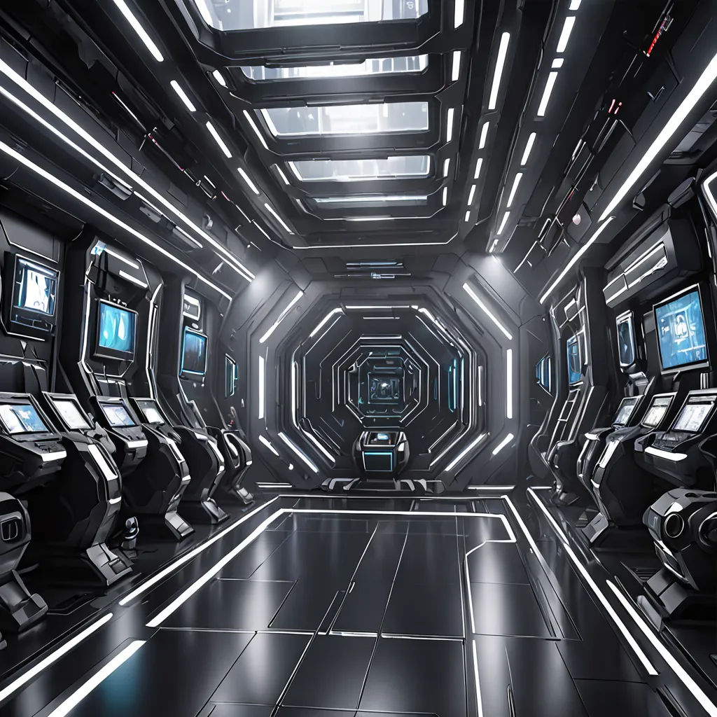 a futuristic looking room with many monitors and lights on the ceiling and a man sitting in the center of the room, space art, computer graphics, Filip Hodas, unreal 5 render