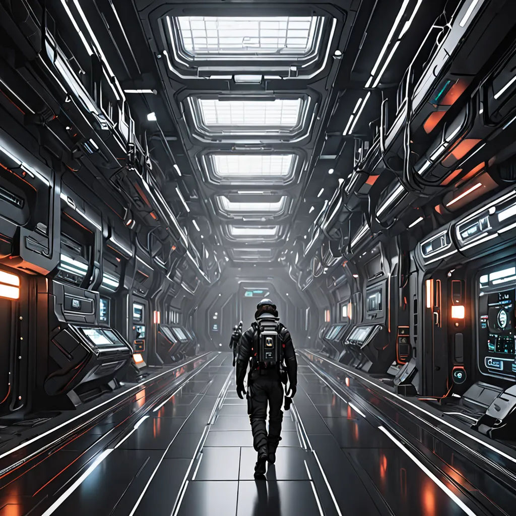 a man walking down a hallway in a sci - fi setting with lights on the ceiling and a large window, space art, computer graphics, Eve Ryder, star citizen halo