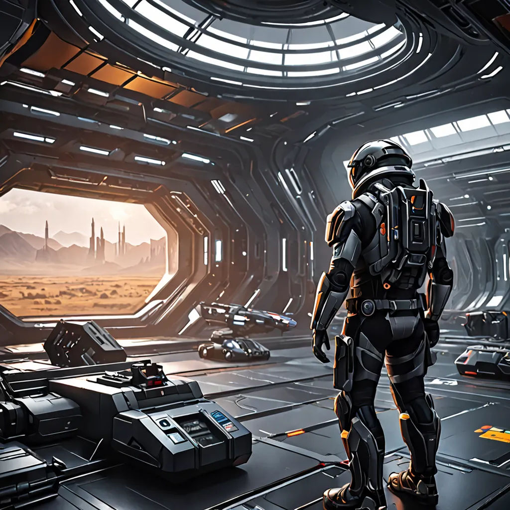 a man in a space station looking at a futuristic city with a spaceship in the background and a sci - fi setting, space art, concept art, Eve Ryder, star citizen halo