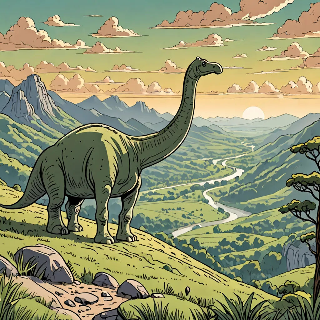 a dinosaur standing on a hill with a valley in the background and a river running through the valley below, naturalism, a storybook illustration, Chris LaBrooy, storybook illustration