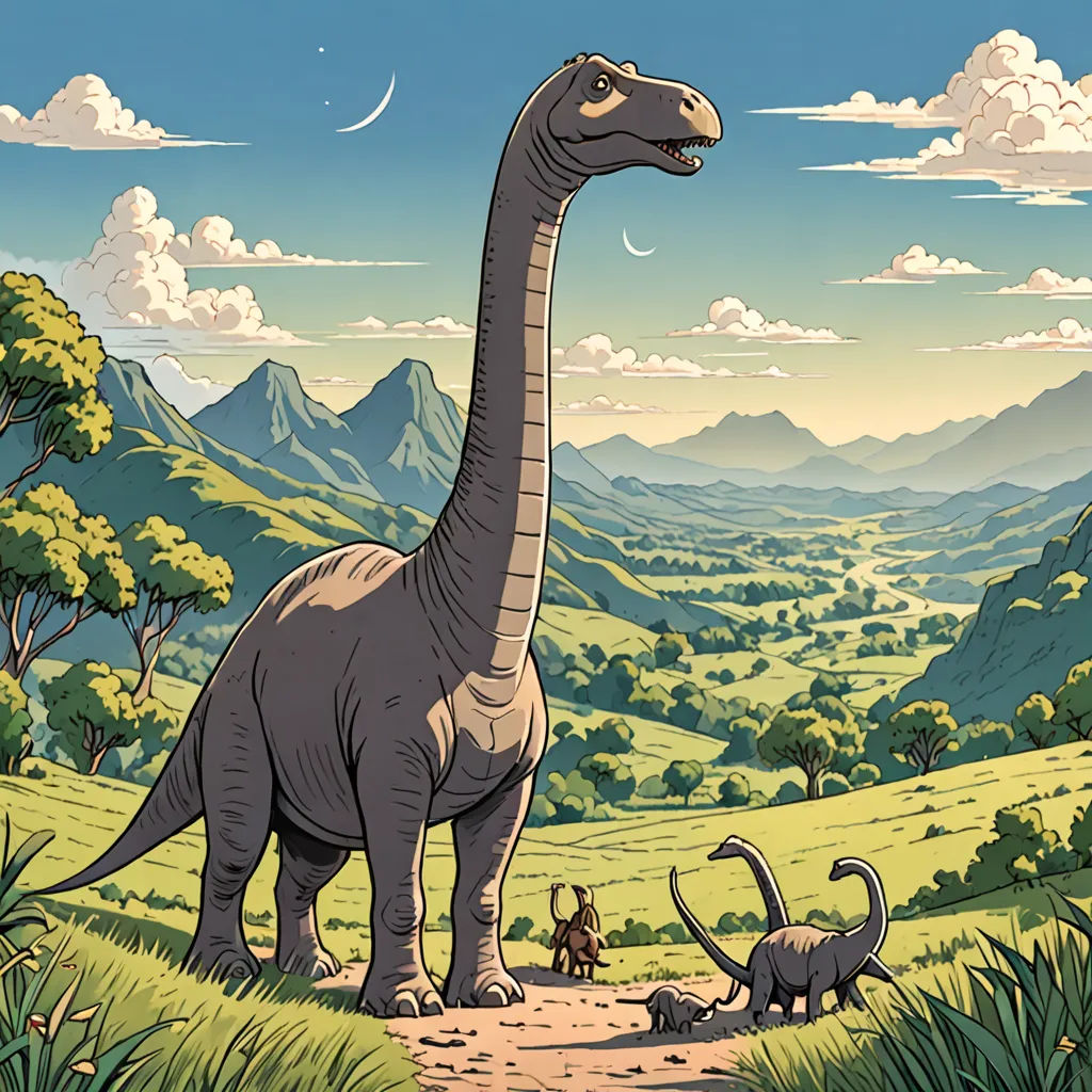 a dinosaur and two other animals in a field with mountains in the background and clouds in the sky above, space art, a storybook illustration, Chris LaBrooy, comic cover art