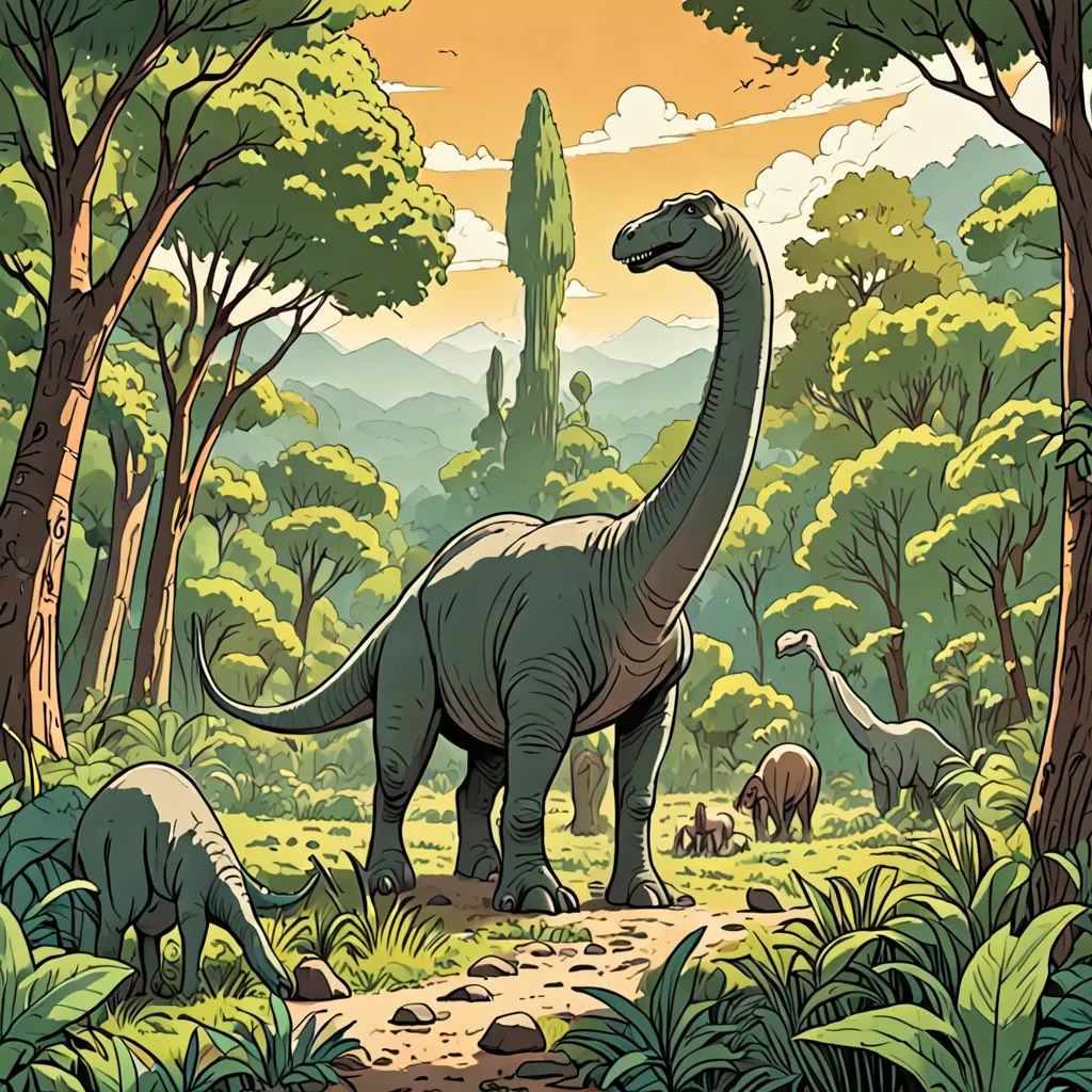 a dinosaur in a forest with other dinosaurs in the background and a mountain in the background with trees and bushes, primitivism, a comic book panel, Chris LaBrooy, laurie greasley