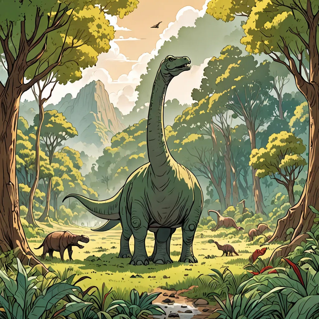 a dinosaur in a forest with other animals around it and a bird flying overhead in the sky above it, primitivism, a storybook illustration, Chris LaBrooy, laurie greasley