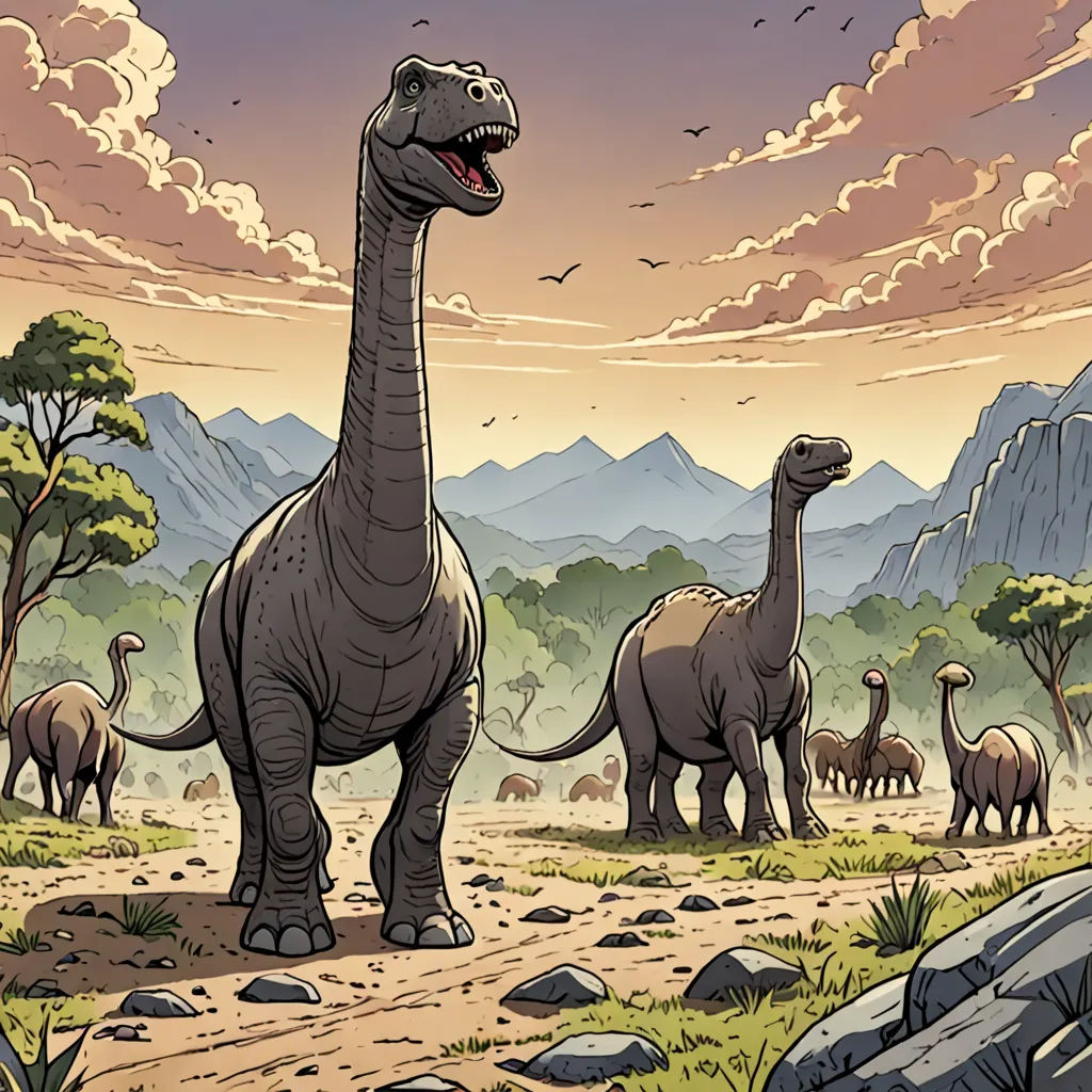 a group of dinosaurs walking across a dirt field next to a forest filled with trees and rocks and a mountain range, primitivism, a comic book panel, Chris LaBrooy, comic cover art