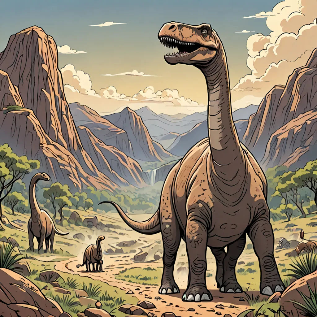 a dinosaur is standing in a mountain landscape with other dinosaurs in the background and a mountain range in the background, primitivism, an illustration of, Chris LaBrooy, comic cover art