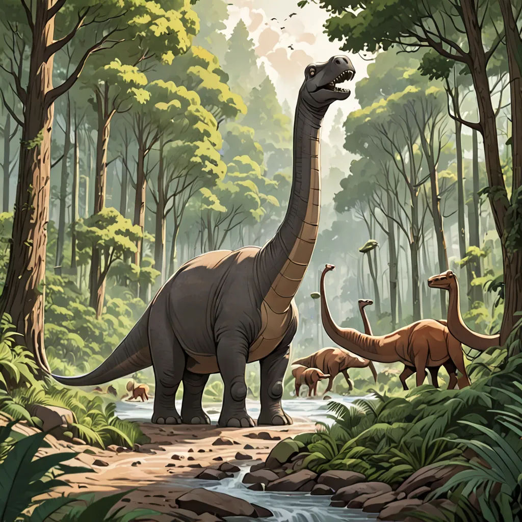 a painting of a dinosaur in a forest with other dinosaurs in the background and a stream running through the forest, primitivism, an illustration of, Chris LaBrooy, official art