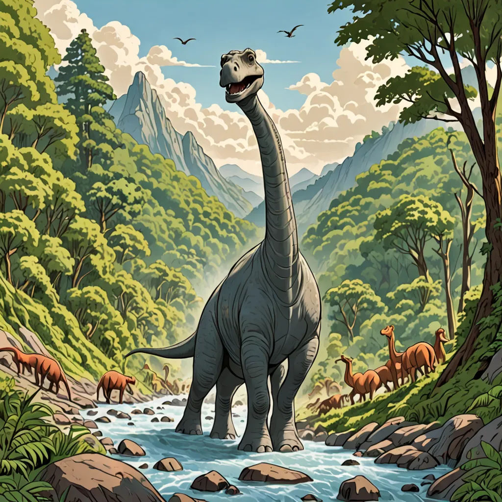 a dinosaur is standing in a river surrounded by other animals and trees, with a mountain in the background, massurrealism, a storybook illustration, Chris LaBrooy, official art
