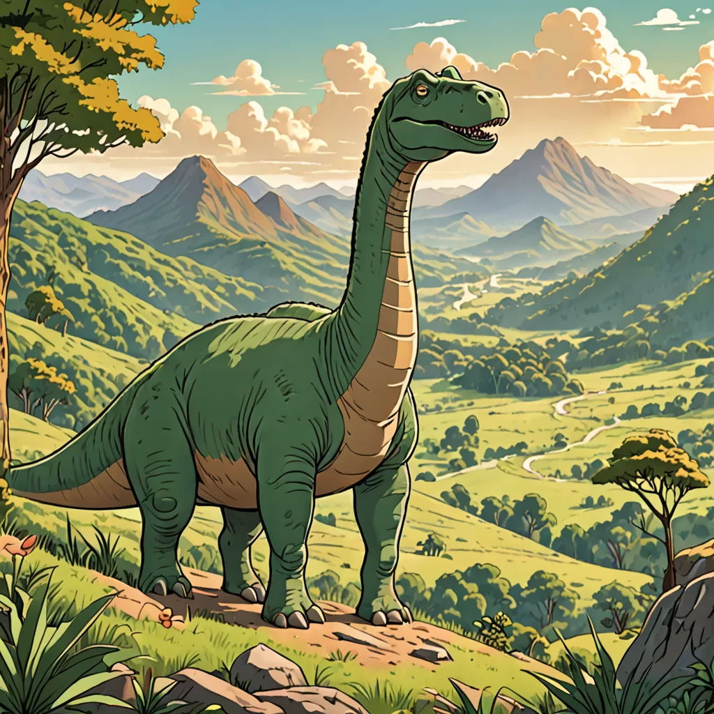 a dinosaur standing on a hill with a valley in the background and mountains in the background, with a few clouds in the sky, context art, a storybook illustration, Chris LaBrooy, official art