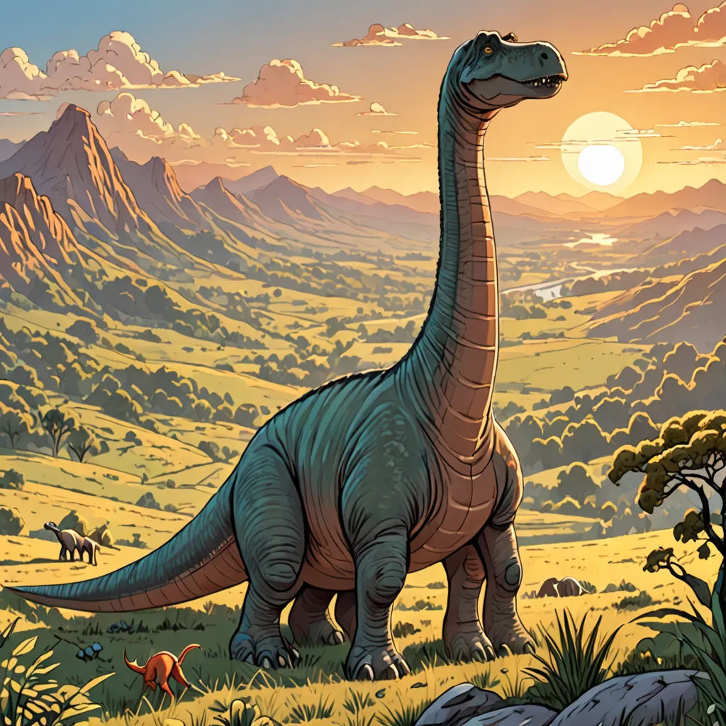 a dinosaur in a field with mountains in the background and a sunset in the background with clouds and sun, primitivism, a storybook illustration, Chris LaBrooy, official art