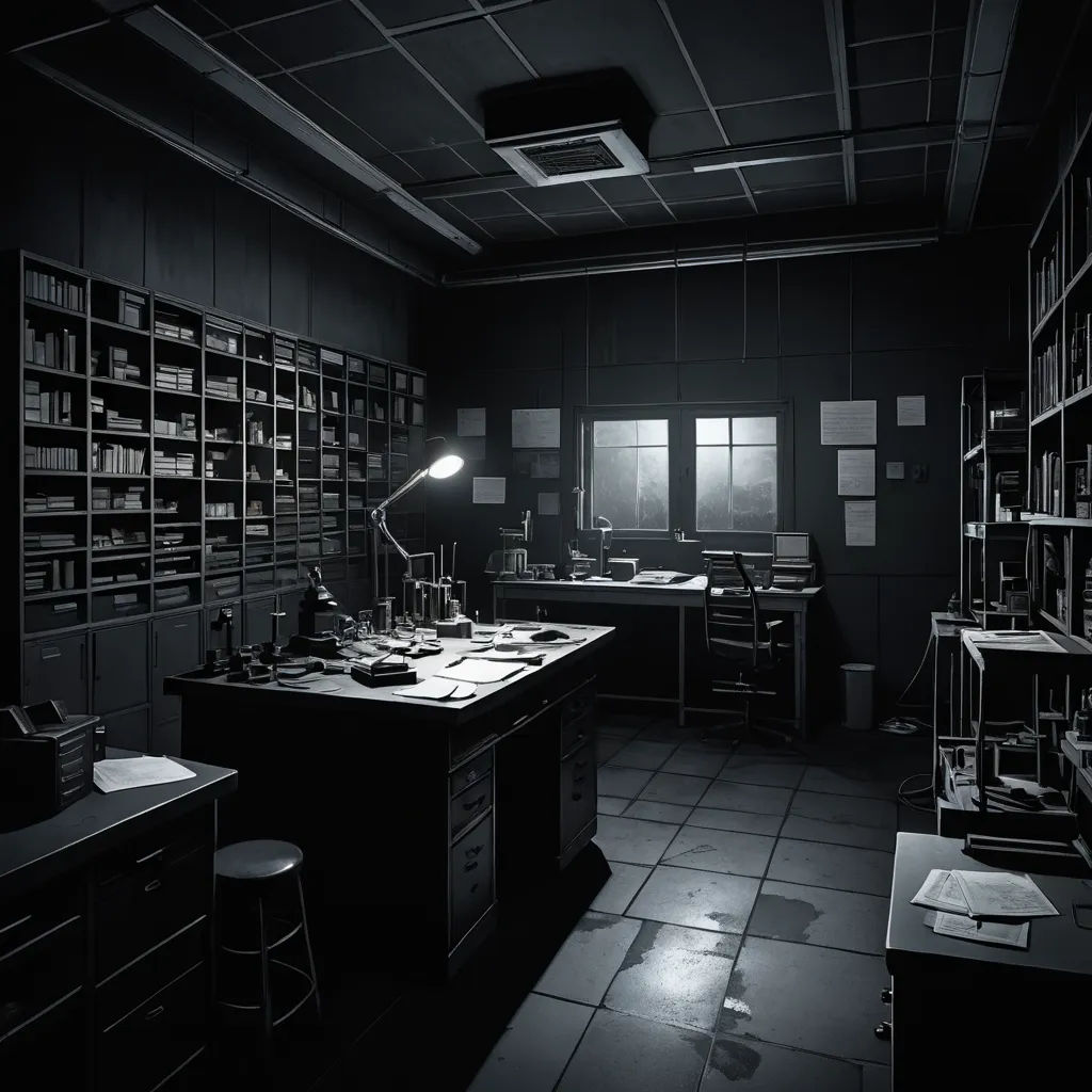 a dark room with a desk and a lamp on it's side and a book shelf on the other side, photorealism, an ambient occlusion render, Doc Hammer, rendered in unreal engine 5
