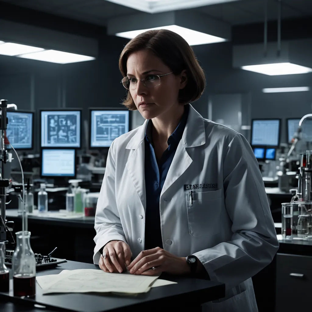 a woman in a lab coat standing at a desk with a book and a microscope in front of her, assemblage, a character portrait, Clarice Beckett, promotional image