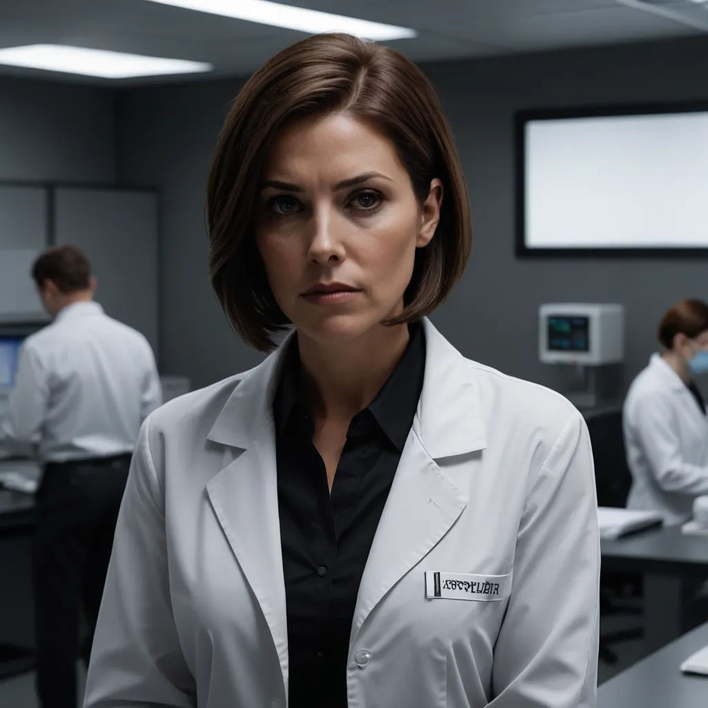 a woman in a lab coat standing in a room with other people in the background and a monitor on the wall, antipodeans, a character portrait, Clarice Beckett, promotional image