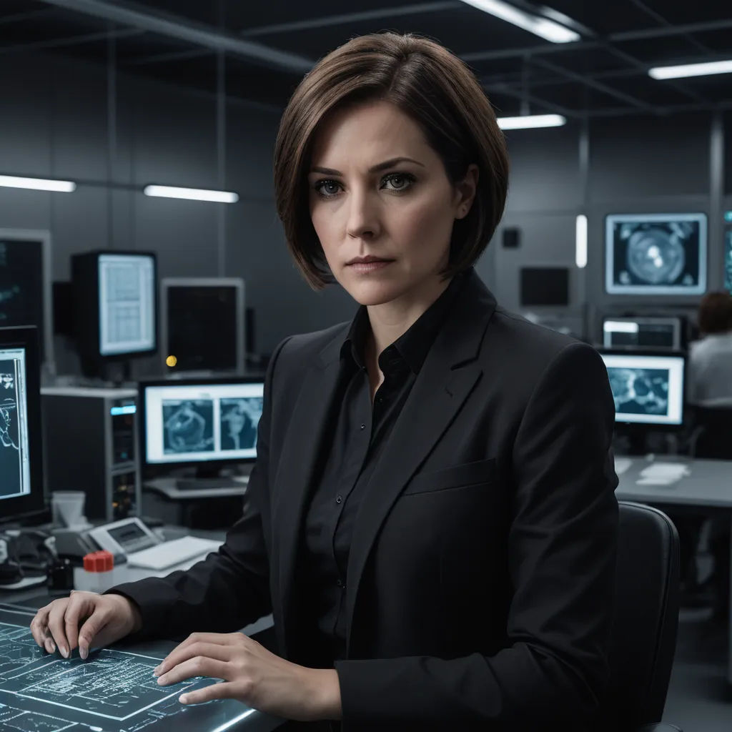 a woman in a black suit is sitting at a desk with a computer and monitors on it and a man in a suit is looking at the camera, arbeitsrat für kunst, a character portrait, Adrienn Henczné Deák, promotional image