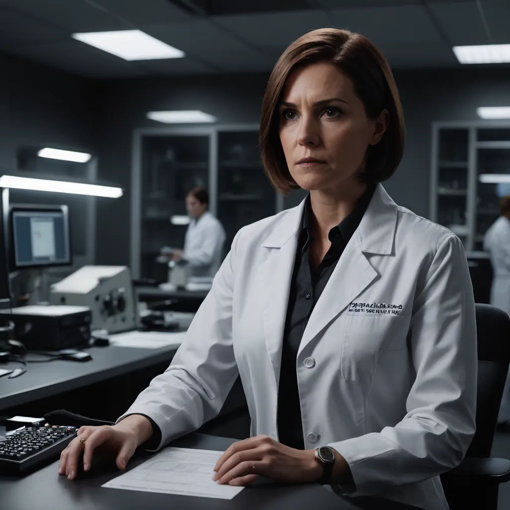 a woman in a lab coat sitting at a desk with a computer and a keyboard in front of her, private press, a character portrait, Clarice Beckett, promotional image