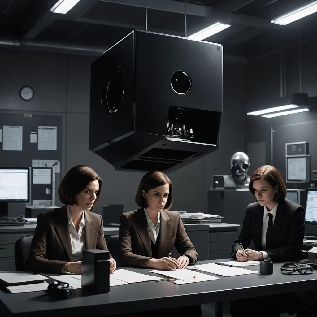 three women sitting at a table in a room with a large object hanging from the ceiling above them and a computer screen above them, les automatistes, a photocopy, Christian W. Staudinger, vfx