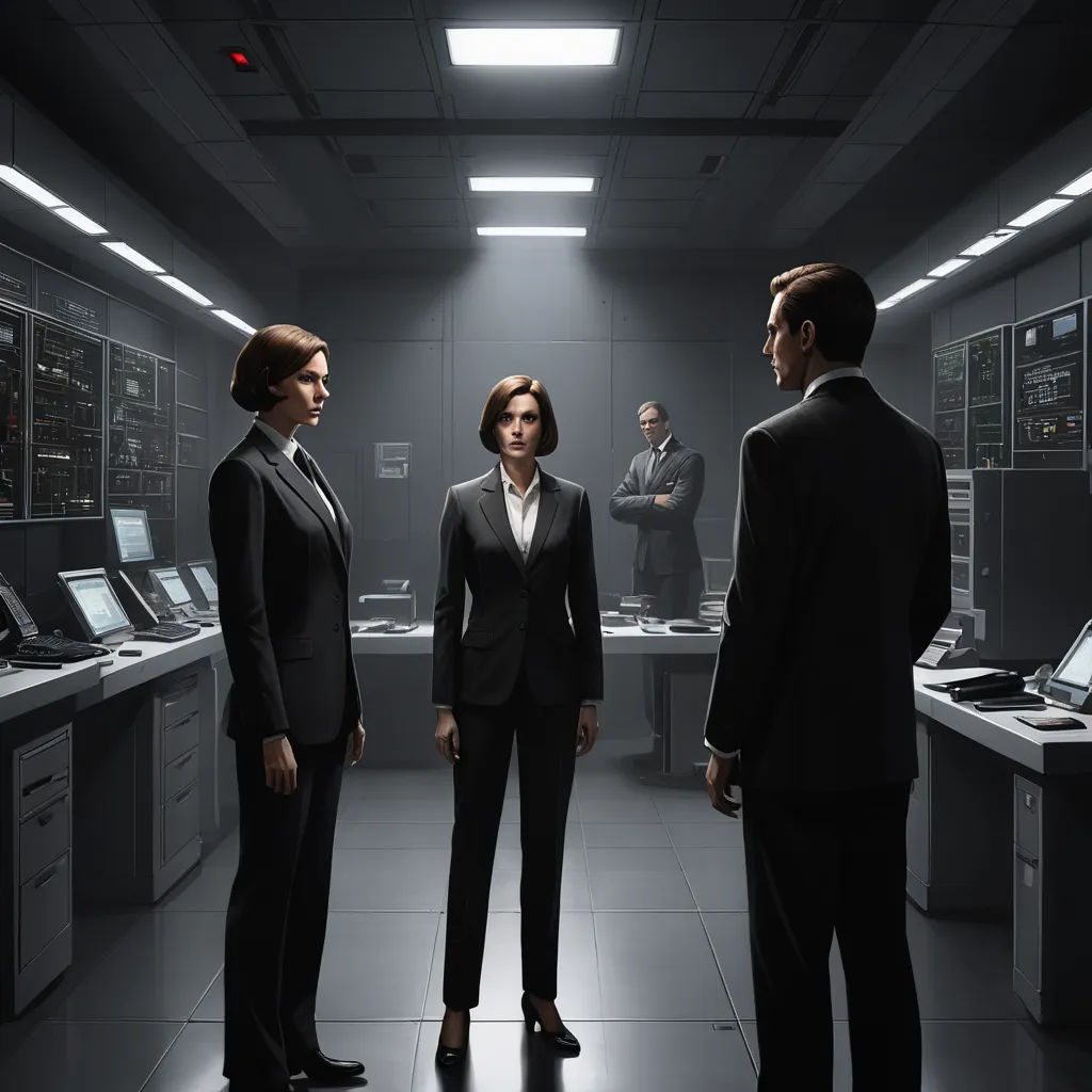 a group of people standing in a room with computers on the desks and a man in a suit, purism, computer graphics, Ada Gladys Killins, promotional image