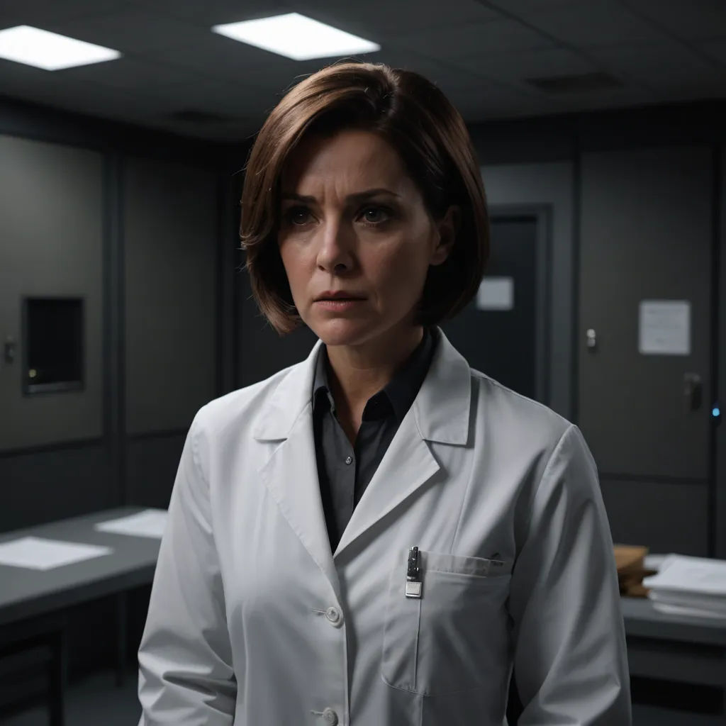 a woman in a lab coat standing in a room with a desk and chairs in the background and a light on, tachisme, a character portrait, Anthony S Waters, promotional image