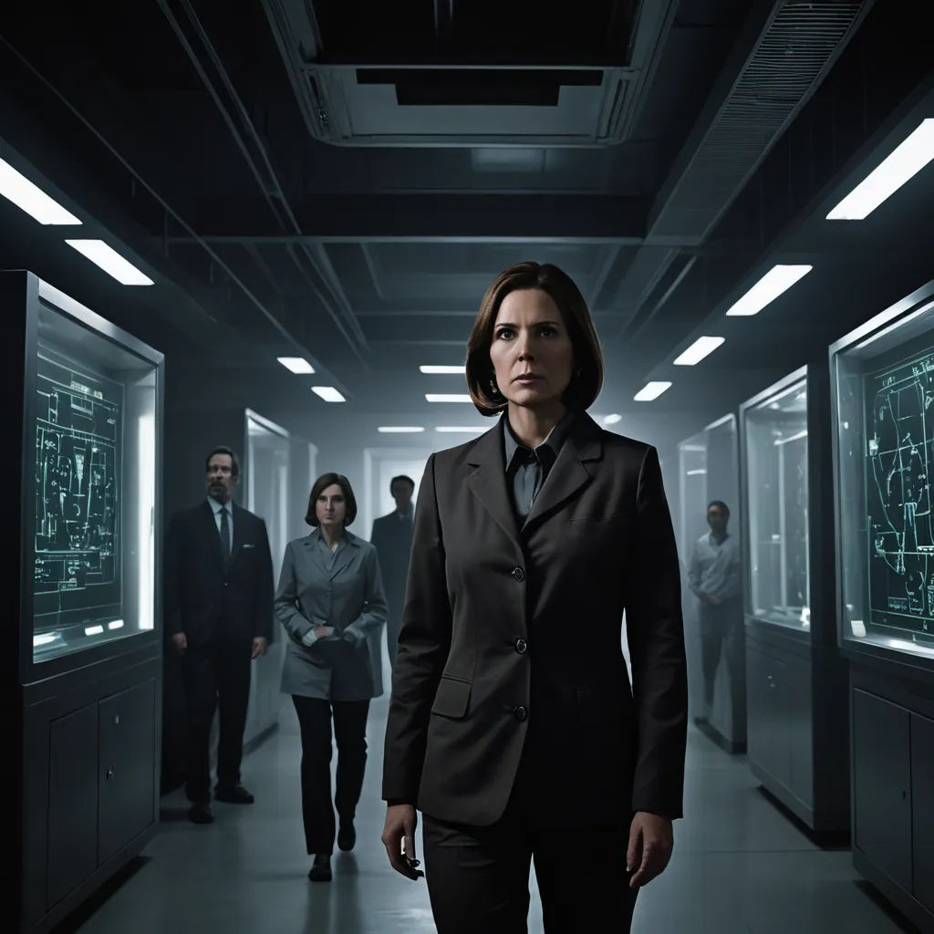 a woman in a suit standing in a hallway with other people in the background in a dark room with neon lights, assemblage, a character portrait, Eve Ryder, promotional image