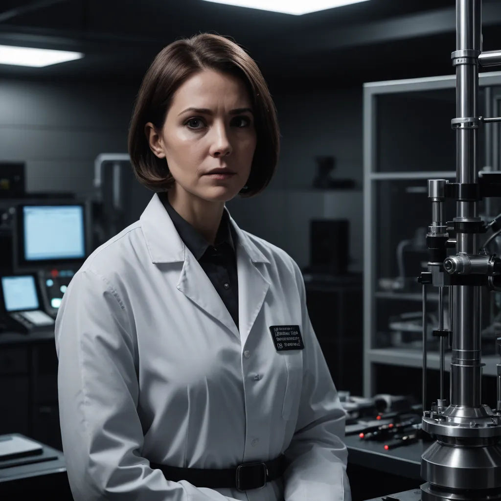 a woman in a lab coat standing in front of a machine with a pipe on it's side, purism, a character portrait, Arabella Rankin, promotional image
