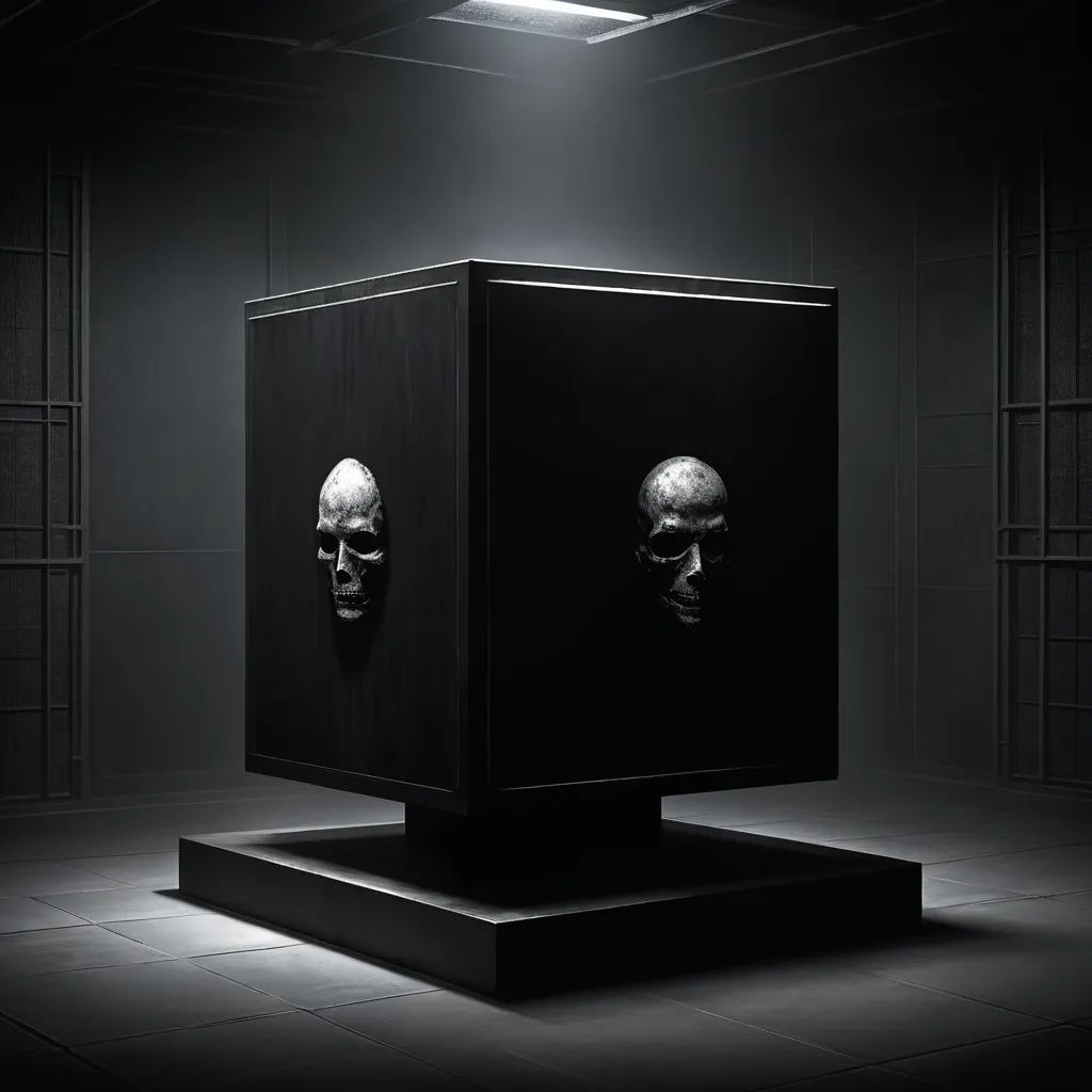 a black and white photo of two skulls in a room with a light on the ceiling and a black box with two heads on it, abstract illusionism, an ambient occlusion render, Eden Box, ray traced