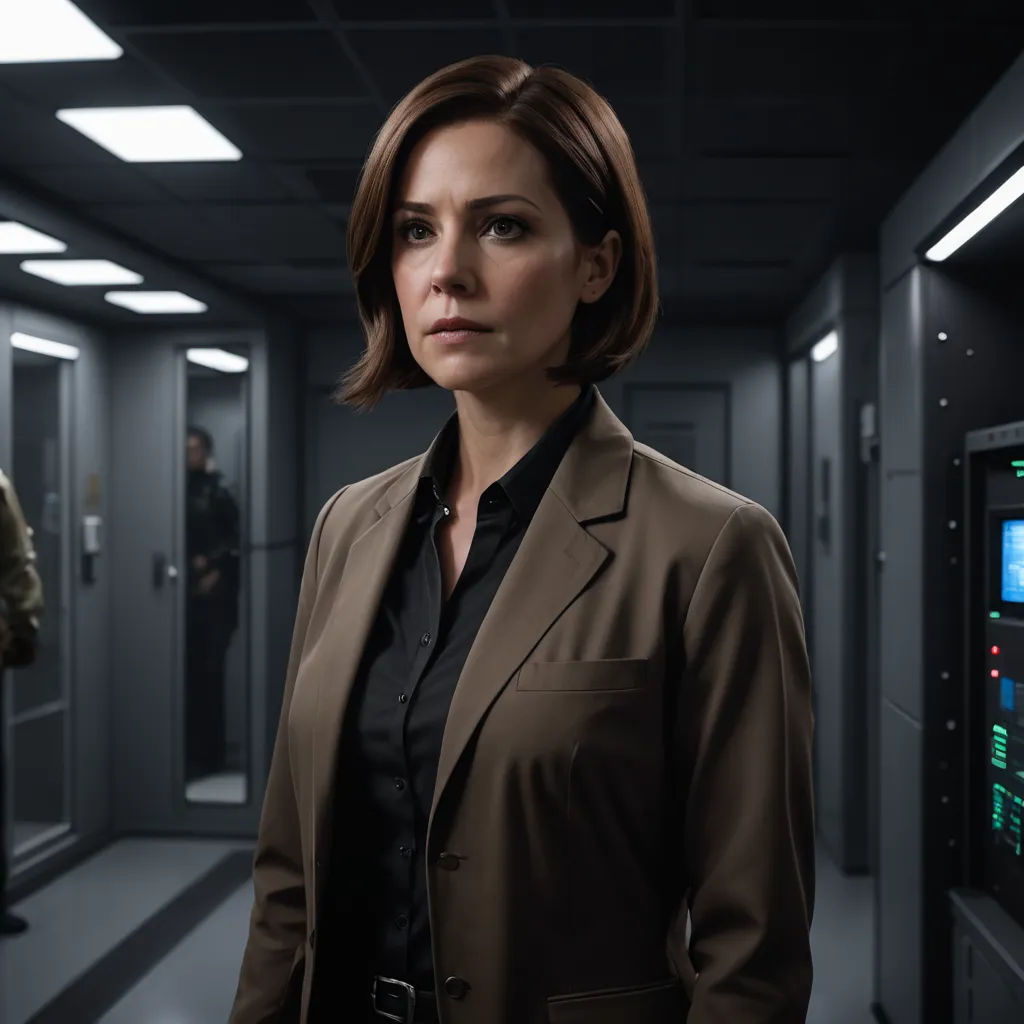 a woman in a suit standing in a hallway with a man in the background looking at the camera and a man in the distance, antipodeans, a character portrait, Eve Ryder, promotional image