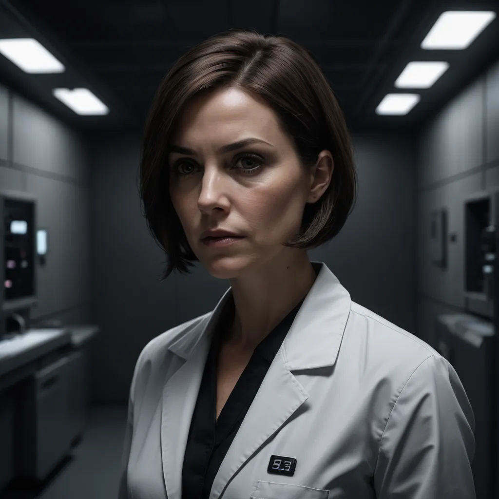 a woman in a lab coat standing in a room with lights on the ceiling and a microwave behind her, naturalism, a character portrait, Eve Ryder, promotional image
