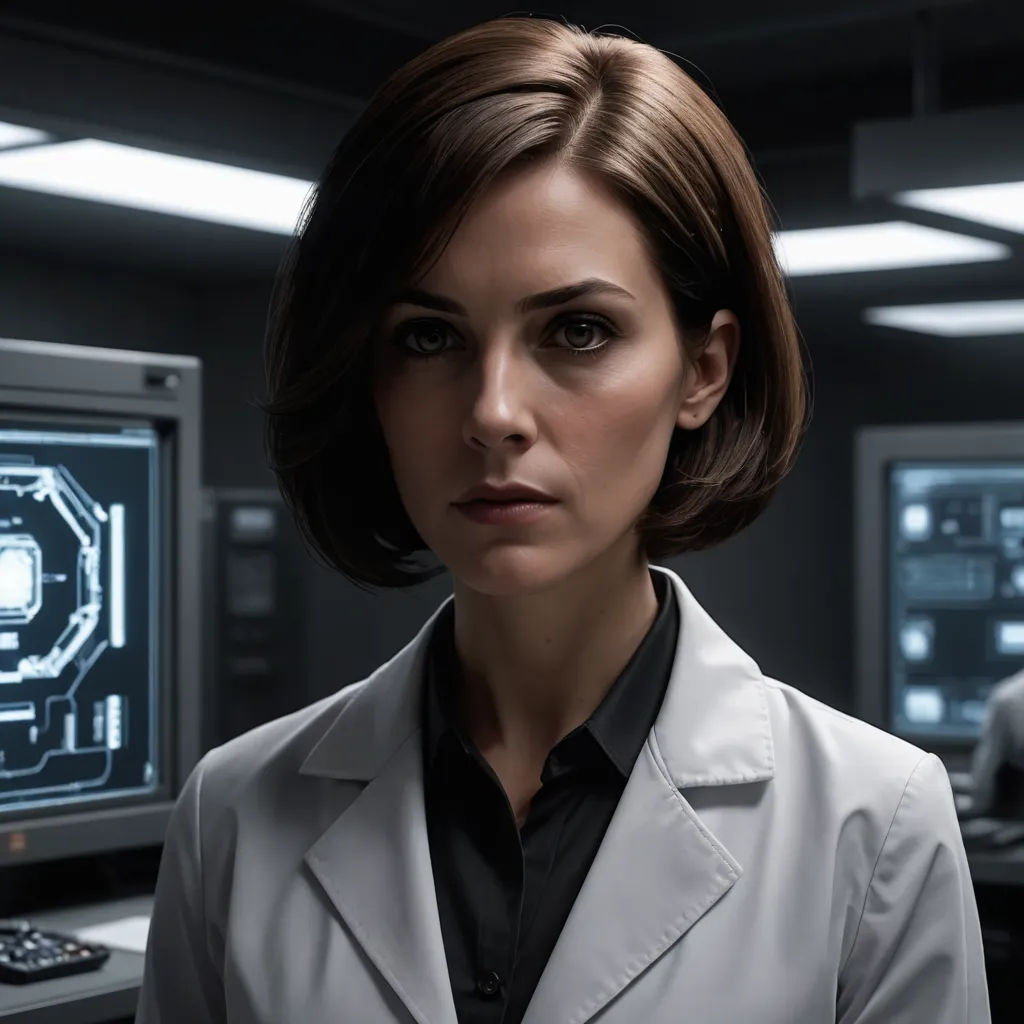 a woman in a white coat standing in front of a computer screen with a futuristic background and a man in the background, computer art, a character portrait, Eve Ryder, promotional image