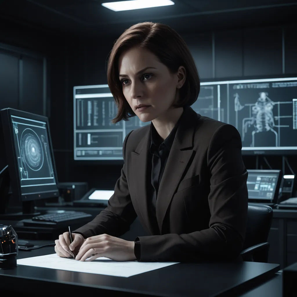 a woman in a suit sitting at a desk with a computer and a pen in her hand and a monitor in the background, purism, computer graphics, Brigid Derham, promotional image