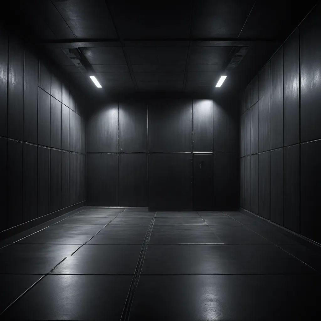 a dark room with a light on the ceiling and a floor with a tile pattern on it and a door with a light on the floor, light and space, an ambient occlusion render, Cedric Seaut (Keos Masons), unreal engine 5 rendered