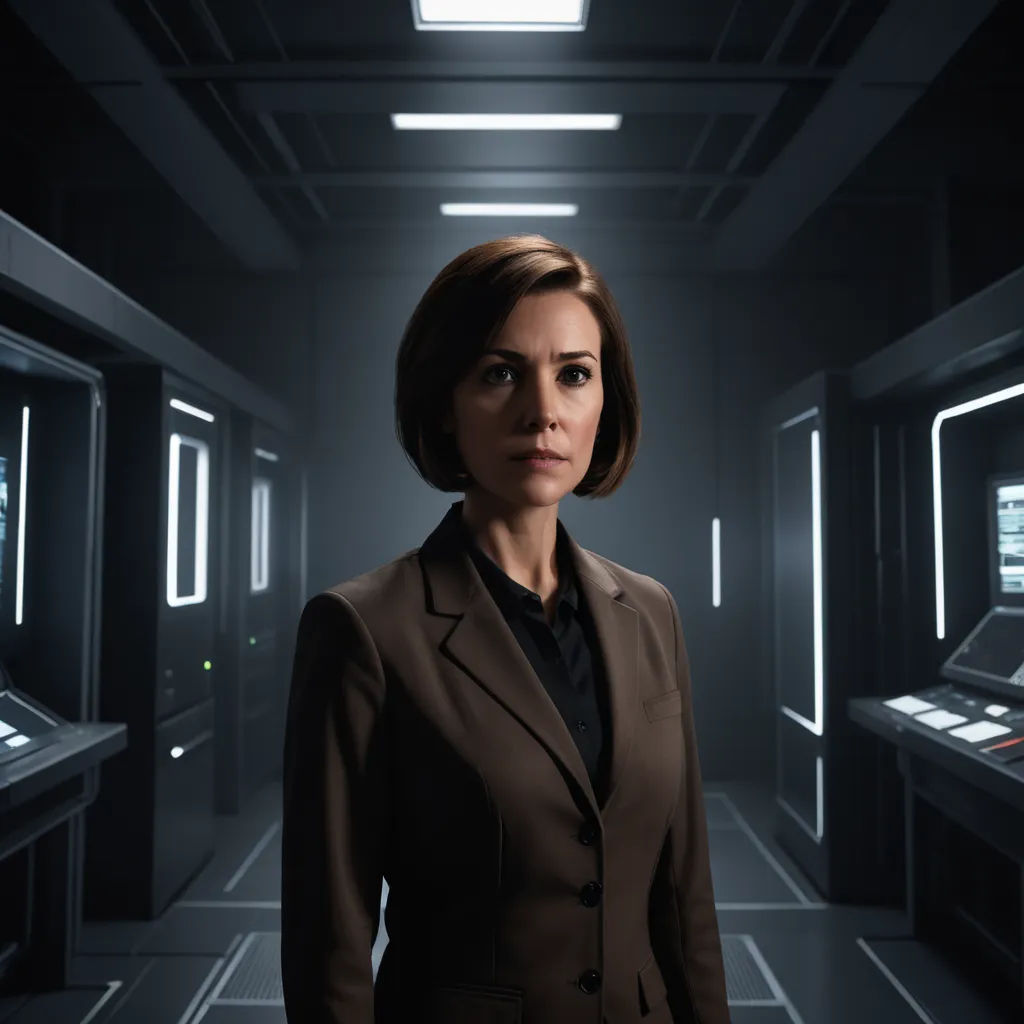 a woman in a suit standing in a dark room with a computer screen in the background and a light shining on her, space art, a character portrait, Eve Ryder, promotional image