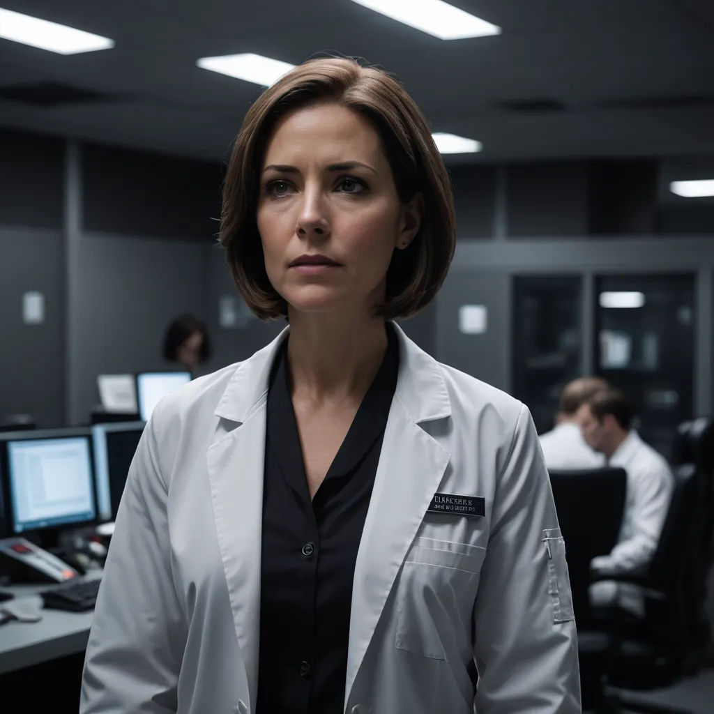 a woman in a lab coat standing in front of a desk with computers on it and people in the background, figurativism, a character portrait, Clarice Beckett, promotional image