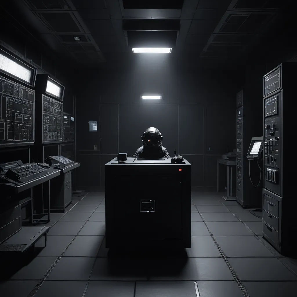 a man in a dark room with a lot of equipment on the floor and a light on the ceiling, sots art, an ambient occlusion render, Filip Hodas, unreal engine 5 highly rendered