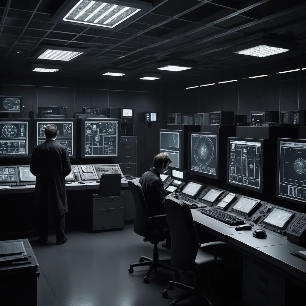 two men in a control room looking at multiple monitors and screens on a wall with lights on them and a man standing in front of them, les automatistes, a detailed matte painting, Artur Tarnowski, vfx