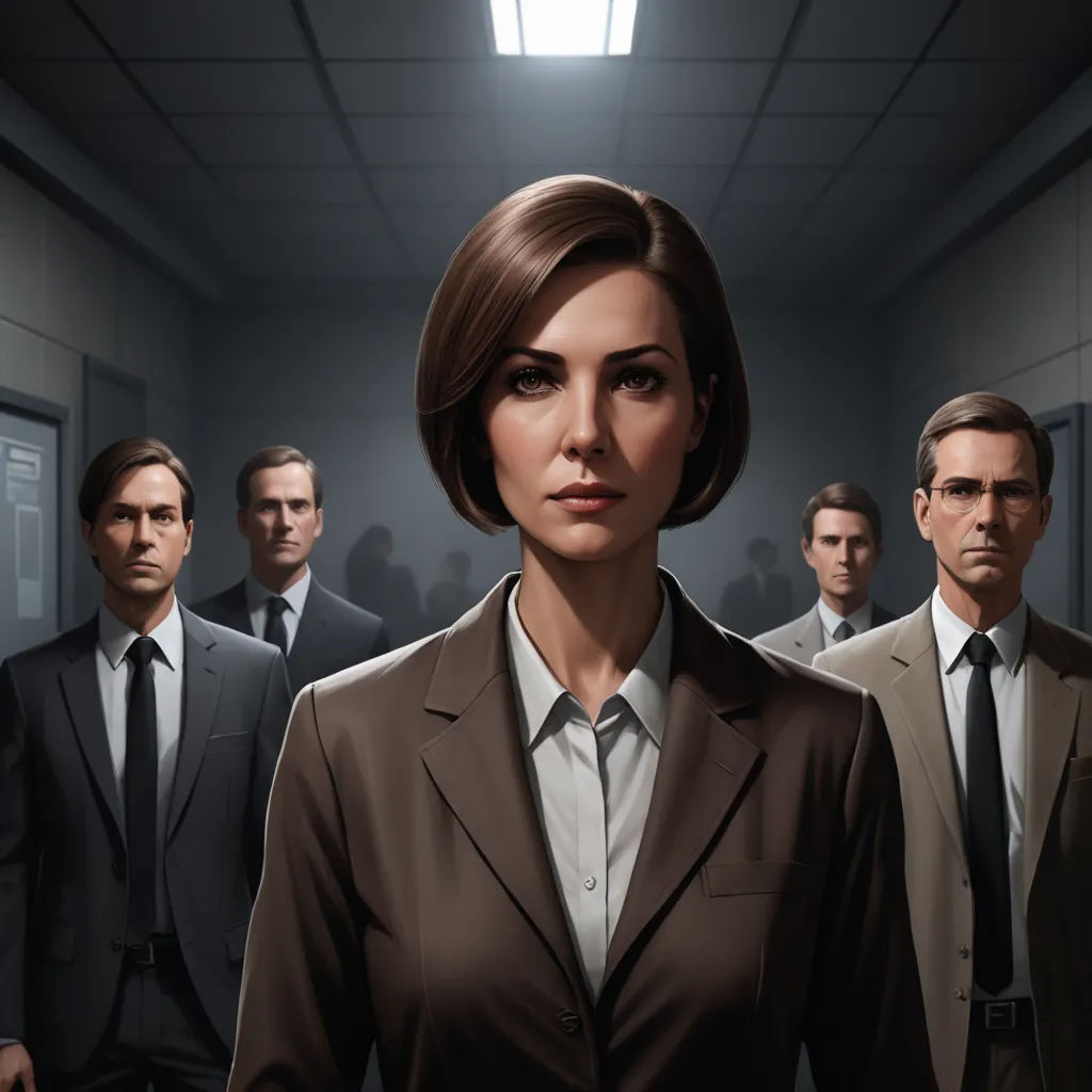 a woman in a suit standing in front of a group of men in suits and ties in a hallway, sots art, a character portrait, David Palumbo, promotional image
