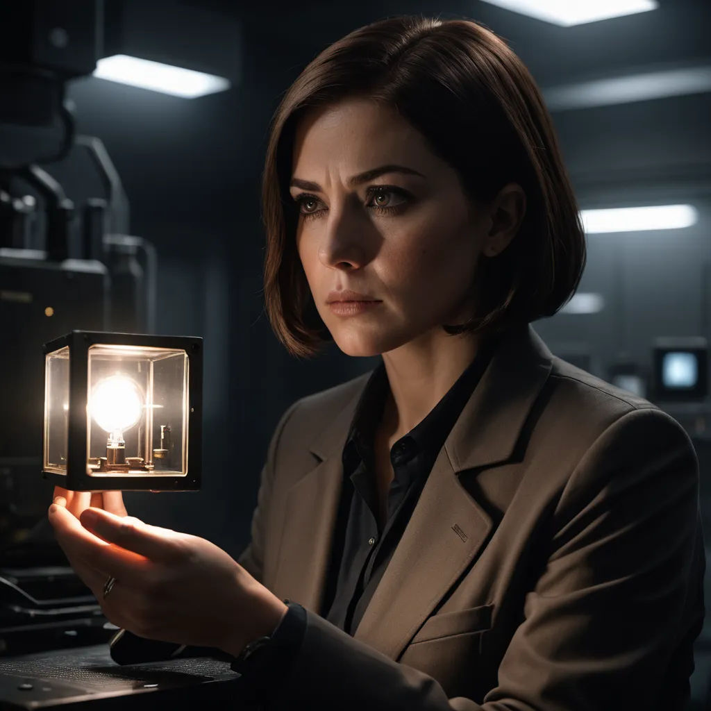 a woman holding a light bulb in her hand in a dark room with a dark background and a light shining on her, private press, a poster, D. Howard Hitchcock, promotional image