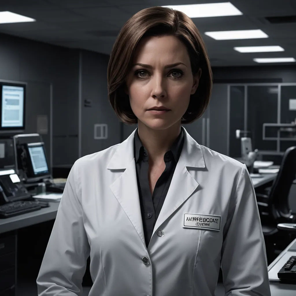 a woman in a lab coat standing in front of a computer desk with a monitor and keyboard on it, naturalism, a character portrait, Constance Gordon-Cumming, promotional image