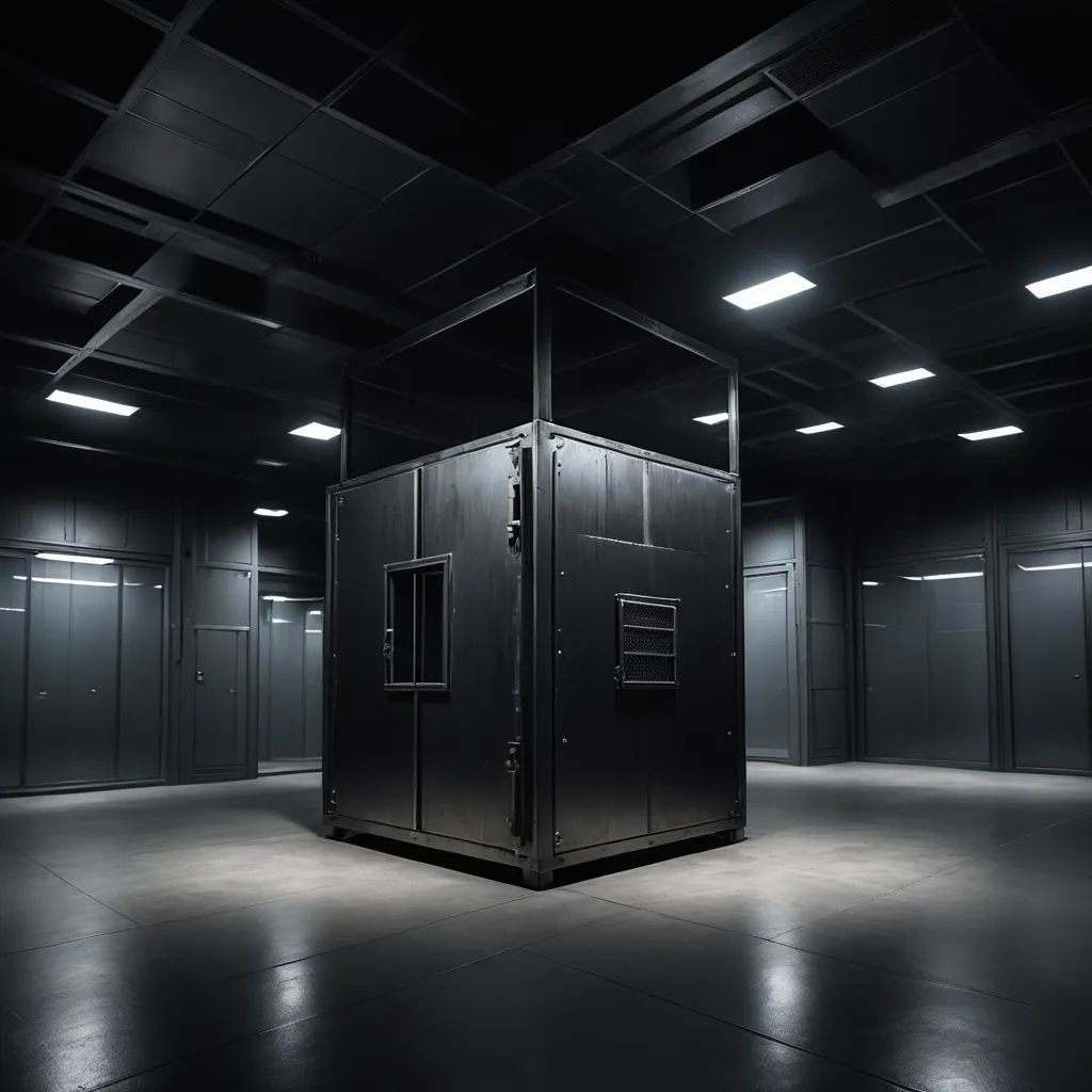 a room with a bunch of metal containers in it's center area and lights on the ceiling above, institutional critique, a 3D render, Filip Hodas, octane renderer