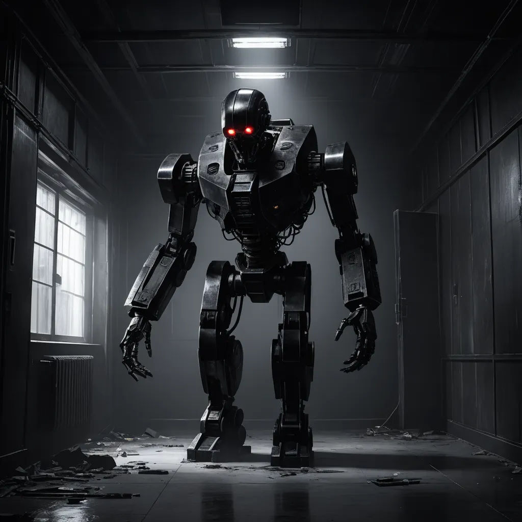 a robot standing in a dark room with a window in the background and a light on the floor behind it, antipodeans, concept art, Eddie Mendoza, unreal engine 5 highly rendered