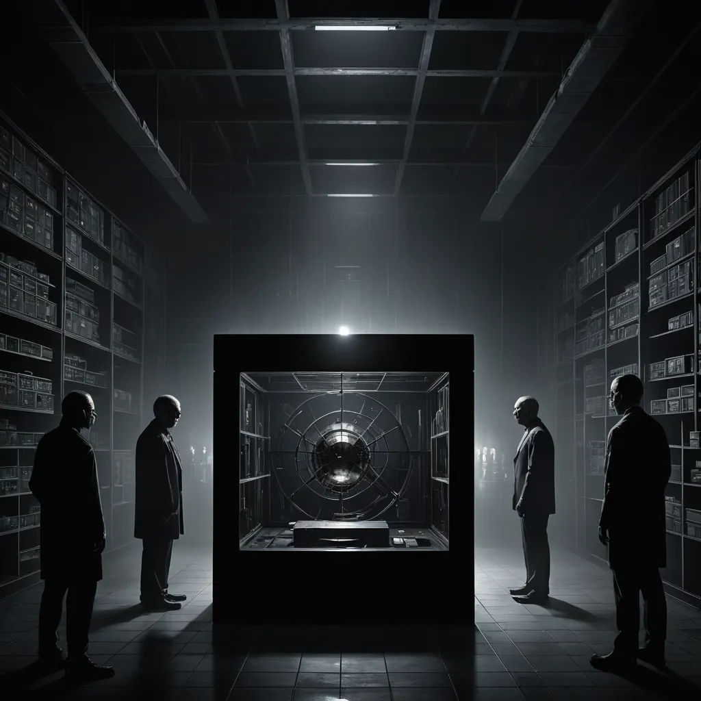 a group of people standing in a dark room with a light shining on the wall and a large window, new objectivity, a hologram, Anish Kapoor, promotional image