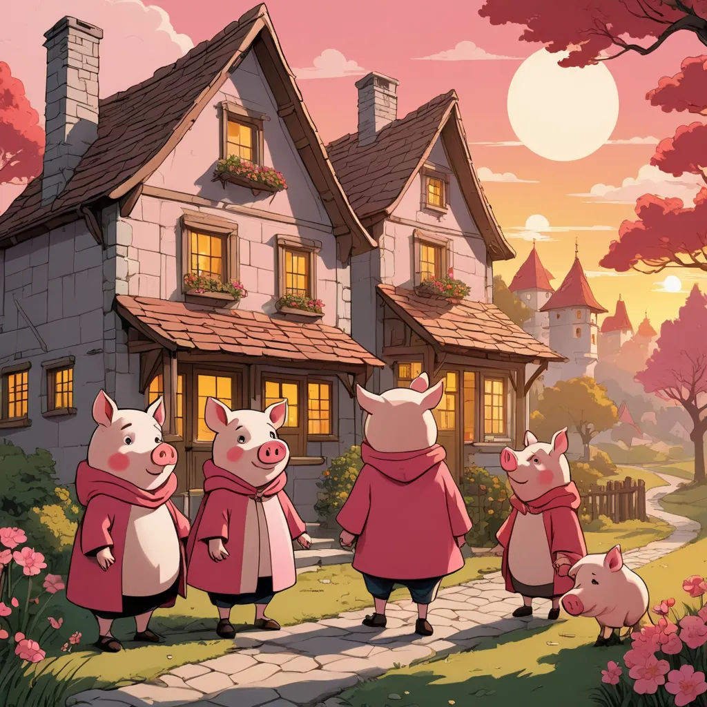 a group of pigs standing in front of a house with a pig in the yard and a pig in the yard, fantasy art, a storybook illustration, David Martin, official art