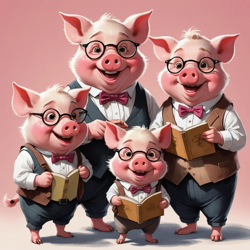 a group of pigs wearing glasses and bow ties holding books and smiling at the camera with a pink background, incoherents, a storybook illustration, Diego Gisbert Llorens, stanley artgerm lau