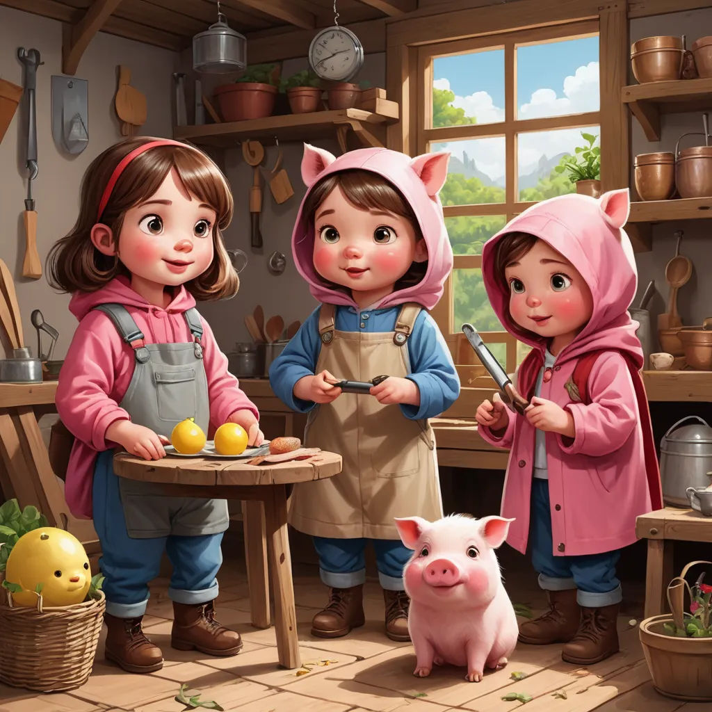 three children in a kitchen with a pig and a piggy pig on the table and a pig on the floor, fantasy art, a storybook illustration, Bob Byerley, highly detailed digital painting