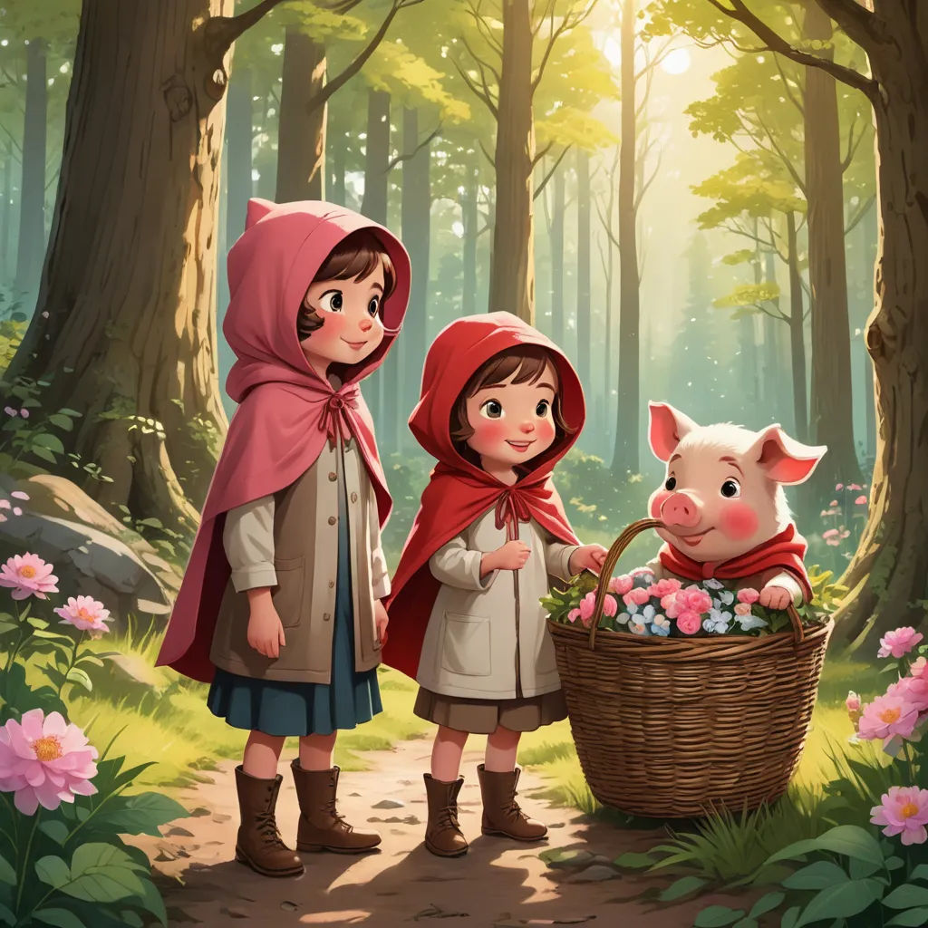 two little girls in the woods with a pig and a basket of flowers in front of them, and a pig in the foreground, sots art, a storybook illustration, Diego Gisbert Llorens, official art