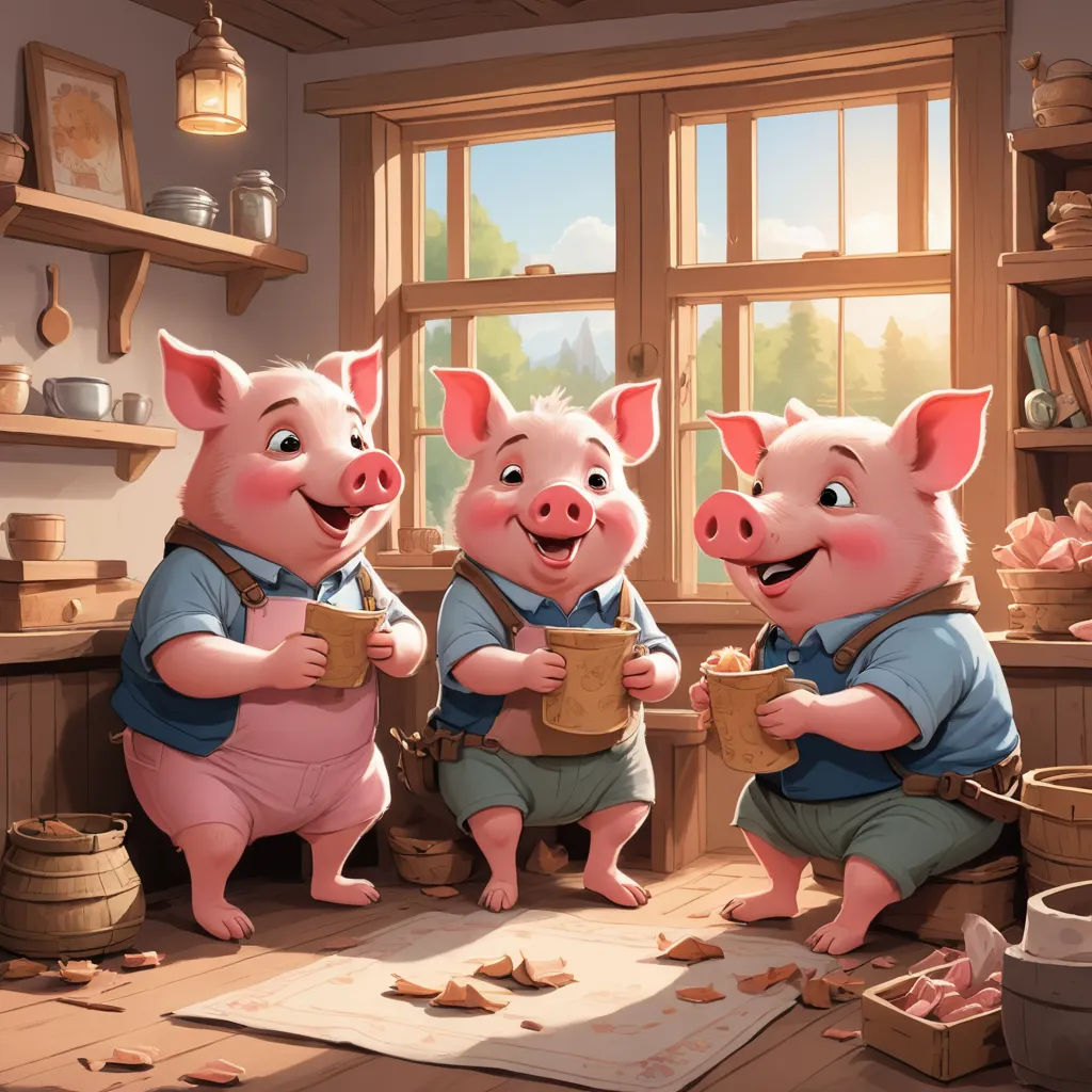 three pigs are standing in a kitchen with a cup of coffee in their hands and a pig is sitting on the floor, fantasy art, a storybook illustration, David Teniers III, storybook illustration