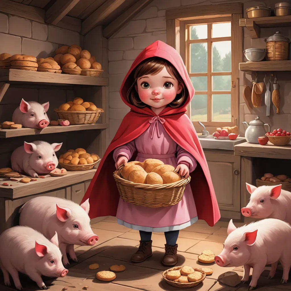 a little girl in a red cape is holding a basket of bread and pigs in a kitchen with baked goods, fantasy art, a storybook illustration, Clarice Beckett, storybook illustration