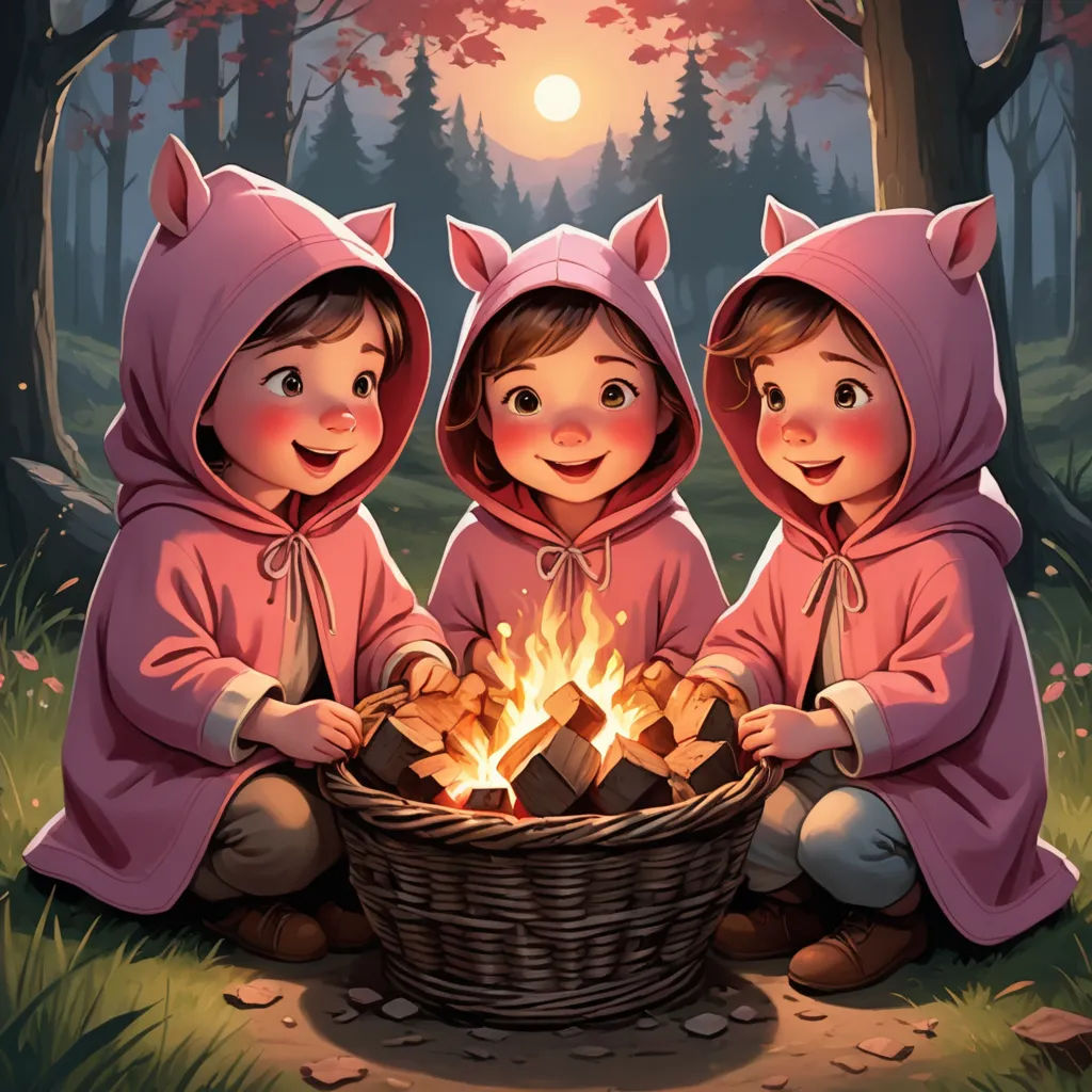 three children dressed in pink sitting in the woods by a fire pit with a basket of firewood in front of them, fantasy art, a storybook illustration, Dan Mumford, storybook illustration