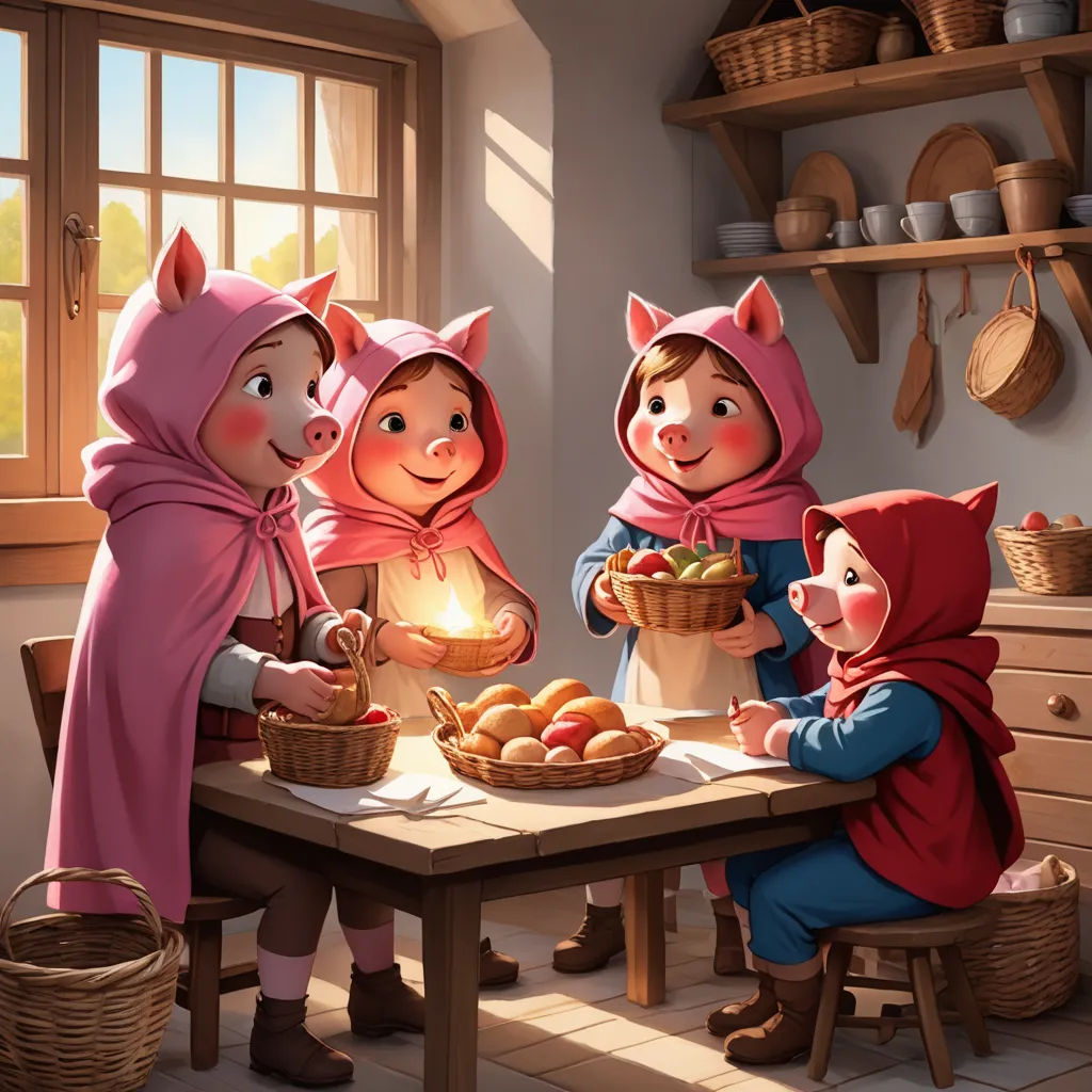 a group of children dressed in costumes around a table with food and a basket of eggs on it,, fantasy art, a storybook illustration, Diego Gisbert Llorens, storybook illustration