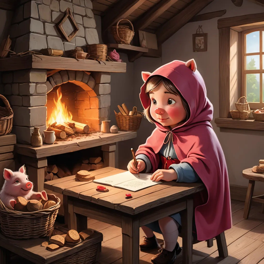 a little girl in a pink coat writing on a piece of paper next to a fireplace and a pig, fantasy art, a storybook illustration, Chris LaBrooy, storybook illustration