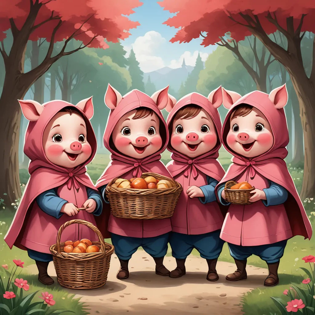 three little pigs in pink coats holding baskets of apples in a forest with trees and flowers in the background, fantasy art, a storybook illustration, Diego Gisbert Llorens, storybook illustration